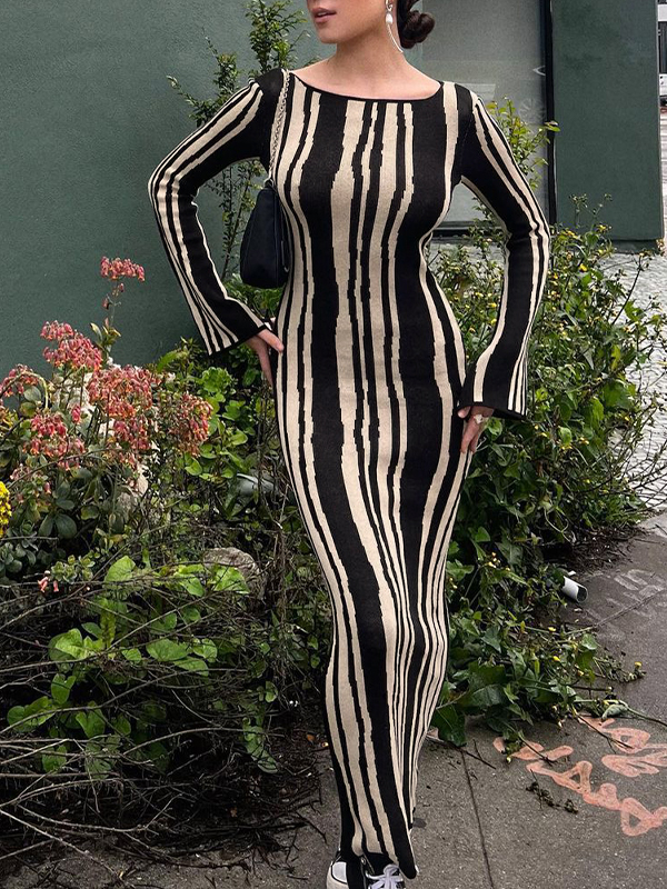 Striped Crew Neck Long Sleeve Maxi Dress-1