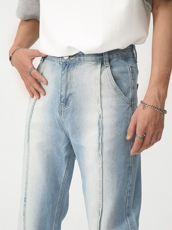 Men's Seamed Faded Denim Straight Leg Jeans-1