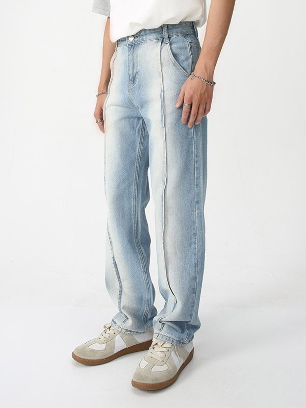 Men's Seamed Faded Denim Straight Leg Jeans-2