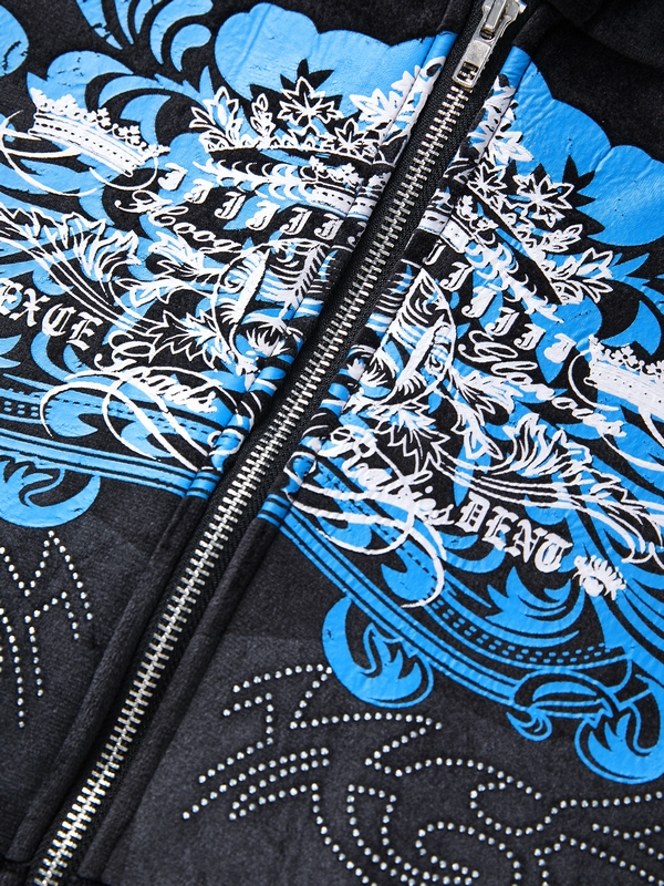 Grunge Rhinestone Print Zip Up Hoodie-6