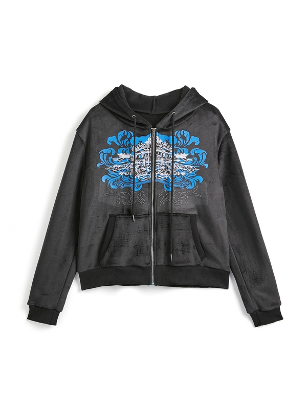 Grunge Rhinestone Print Zip Up Hoodie-3