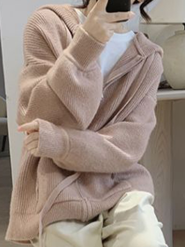 Solid Hooded Zip Up Knit Cardigan-2