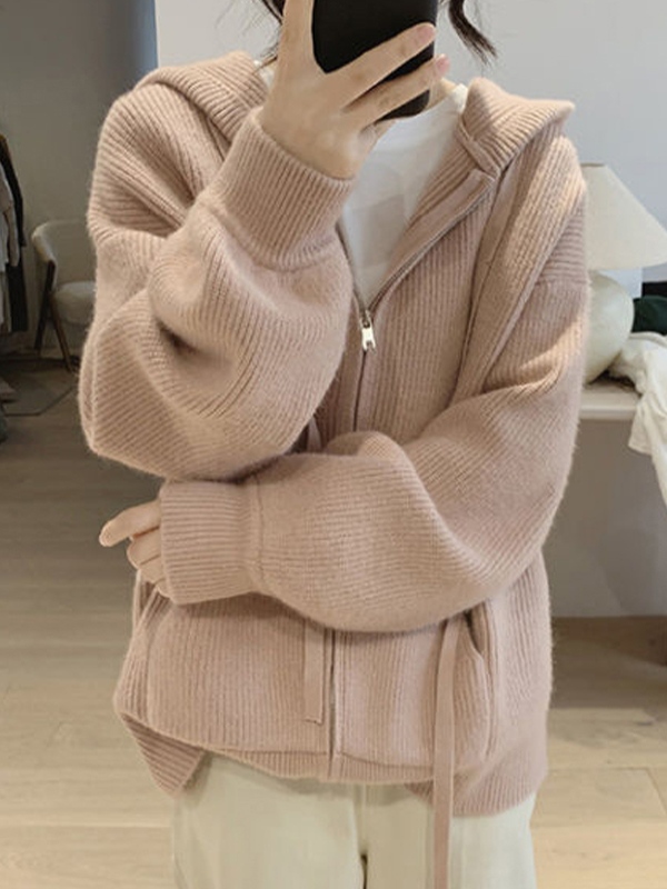 Solid Hooded Zip Up Knit Cardigan-1